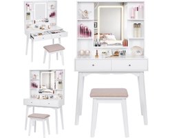 Make-uptafel met verlichting en kruk - LED-verlichting - ijdelheid make-uptafel - tafel 5 laden - meisjes kaptafel - spiegel kruk - wit make up tafel