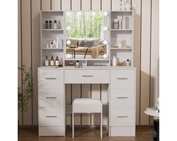 Make-uptafel met verlichting en spiegel - kaptafel met kruk - instelbare helderheid - 6 planken en 6 laden - voor slaapkamer - 80 x 36 x 130 cm make up tafel