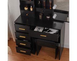 Make-uptafel met verlichting en spiegel – Zwarte kaptafel met kruk, 6 laden & 6 planken – LED make-up tafel modern – 80 x 36 x 131 cm – Pauwhome