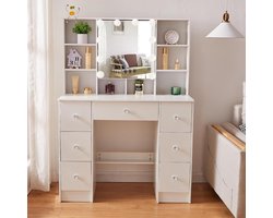 Make-uptafel met verlichting en verstelbare helderheid - Kaptafel met spiegel en planken - 7 laden - Wit make up tafel