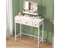 Make-uptafel met verlichting, spiegel, kleine make-uptafel met 3 stoffen laden, make-uptafel, make-uptafel, cosmeticatafel, voor kinderen, meisjes, cadeau, 30D x 70W, wit