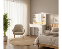 Make-uptafel met verstelbare LED-spiegel 90x40x139 cm – Kaptafel met ingebouwd stopcontact & USB, RGB-lichtbalk, 5 stoffen laden & 3-opslag etages – Witte make-up tafel – Altameubel