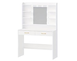 Make-uptafel – Schminktisch – Kaptafel – Vanity Table – Make-up Bureau – Wit Met Gouden Accenten – Verstelbare Verlichting – Ruime Opbergruimte Met 6 Vakken En 2 Laden