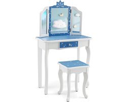 Make-uptafelset voor kinderen, kaptafel met drievoudig inklapbare spiegel, lade en kruk, 2-in-1 make-uptafel en bureau met afneembare plaat, make-upcommode voor meisjes (blauw + wit)