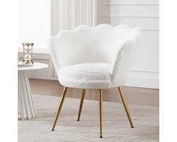Make-uptafelstoel Schelpstoel Teddystof - Loungestoel met Armleuningen, Gouden Metalen Poten, Fauteuil wit voor Woonkamer en Slaapkamer - 42x44x76 cm - Vermissen