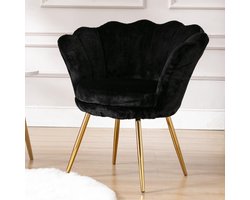 Make-uptafelstoel Schelpstoel Teddystof - Loungestoel met Armleuningen, Gouden Metalen Poten, Fauteuil Zwart voor Woonkamer en Slaapkamer - 42x44x76 cm - Vermissen
