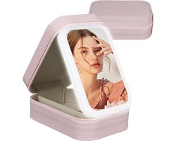 Makeup Bag with Illuminated Mirror-3 Colours LED Light Travel Cosmetic Case Organiser Portable with Dividers - Pink