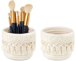 Makeup brush holder organizer mini macrame cosmetics brushes cup - storage basket set of 2 - boho decor pen pencil box container
