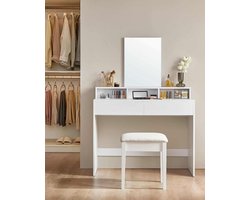 Makeup tafel, met grote spiegel, kaptafel, 2 laden, 3 open vakken, cosmeticatafel, modern, wit