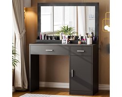 Makeuptafel – Kaptafel – Make-up Tafel – Schoonheidstafel – Cosmeticatafel – Zwart – Grote Spiegel – 2 Laden & Kast – Stevige Constructie