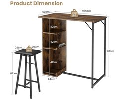MakkelijkMooi Bartafel met 2 Barkrukken - Hoge Eettafel Set - Keukentafel met Barkruk en Bergruimte - 91.5 x 50 x 90H - Bruin/Zwart