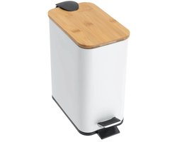MakkelijkMooi Sanitair Prullebak - Prullenbak 5 ltr - Afvalbak Wit - Softclose Bamboe Deksel - Uitneembare Emmertje - Rechthoek