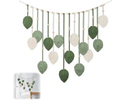 Makramee Wandbehang, 75 x 120 cm Boho Wanddeco, Wandbehang, geweven bladeren tapijt, geweven wandophanging Boho met houten kralen en bladeren, voor buiten, woonkamer, slaapkamer, cadeaus (Groen