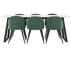 Malaga eethoek eetkamertafel 90x200cm wit en 6 Skagen stoel velours groen.