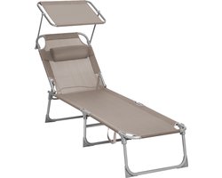 Malaga2 Ligstoel - inklapbaar ligstoel tuinligstoel - met hoofdsteun en zonnedak - rugleuning verstelbaar - licht - tot 150 kg belastbaar - tuin - balkon - taupe - 53 x 193 x 29,5 cm