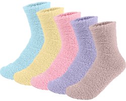 Malinsi® Fluffy Sokken Dames - 5 Paar Happy Kleuren - One Size maat 36-41 - Huissokken - Badstof - Dikke Wintersokken - Cadeau voor haar - Housewarming - Verjaardag - Slofsokken Vrouw Cadeautje