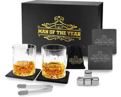 Malinsi® Whiskey Set Man Of The Year - Whiskeyglazen + Stones + Stenen Onderzetters + Zakje + ijsblokjes Tang - Whisky Glazen - Cadeau voor Man - Geschenkset wiskey - Cadeauset - Vaderdag Geschenk