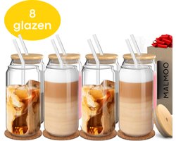 Malmoo Latte Macchiato Glazen - Set van 8 - Beker met rietje en deksel - 450mL - Drinkglazen - Theeglazen - Waterglazen - Glazen - incl. Herbruikbare rietjes en schoonmaakborstel