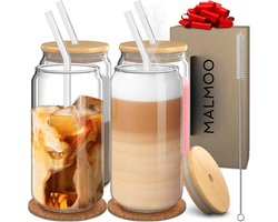 Malmoo Latte Machiato Glazen - Set van 4 - Beker met rietje en deksel - 450mL - Drinkglazen - Theeglazen - Waterglazen - Glazen - incl. Herbruikbare rietjes en schoonmaakborstel
