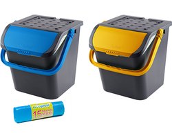 Malpie afvalbak geel en blauw 2 stuks met 1 rol Maxi blauwe afvalzakken - afvalemmer - afvalscheiden papier PMD of glas papier - Afvalscheidingsbak - afvalscheiding afvalbak - 2 stuks - Malpie- sorteer afvalbak - sorteer bak