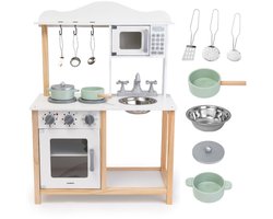 Mamabrum Montessori Houten keuken voor kinderen, 3 jaar – magnetron, oven, gootsteen en accessoires inbegrepen – robuust, veilig, leerzaam, natuurlijke kleuren, duurzaam creatief spel