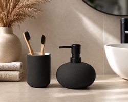 Mambo Luxe Badkameraccessoire Set 2-delig – Zeepdispenser en Tandenborstelbeker – Mat Zwart