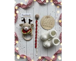 Maminobaby.nl - Kerstcadeau - Hert - Baby Geschenkset meisjes/jongens | Newborn | Handgemaakte Bijtring | Handmade speenkoord | | Handmade haarband | Kraamcadeau | Babyshower