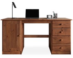 MANAGER bureau, kastanjekleur - bureau met 4 laden en legplank, computerbureau met opbergruimte gemaakt van massief grenenhout, PC bureau, klassiek