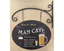 Mancave open 24h Uithangbord van metaal METALEN-WANDBORD - MUURPLAAT - VINTAGE - RETRO - HORECA- BORD-WANDDECORATIE -TEKSTBORD - DECORATIEBORD - RECLAMEPLAAT - WANDPLAAT - NOSTALGIE -CAFE- BAR -MANCAVE- KROEG- MAN CAVE
