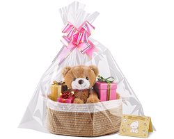Mand leeg, 30 x 20 x 12 cm – Geweven mand met geschenktas en lint, Lege presentiemand voor Pasen, baby shower, verjaardag, bruiloft, dankdag en Kerstmis. Ideaal als opbergmand (Wit-Kaki)