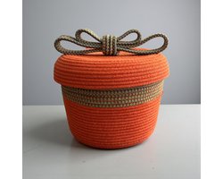 Mand met deksel – handgemaakt van Cafuné® gevlochten naaikoord | Oranje met gemêleerd groen | Ø24 cm