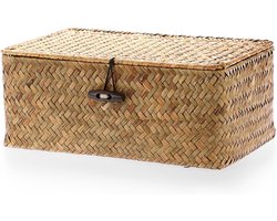 Mand van zeegras voor opslag - Vierkante decoratieve tafel met deksel, multifunctionele organizer voor badkamer en bureau (Caramel, S)