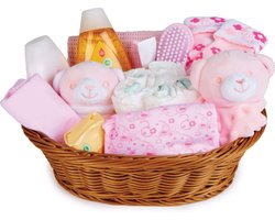 Mand voor babymand voor meisjes - met babykleertjes, benodigdheden voor pasgeborenen, babydeken, roze dekbed en zachte speelgoedrammelaar