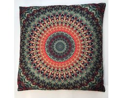Mandala kussenhoes – Soft Touch – 45 x 45 cm - groen/blauw  met oranje/rood