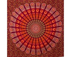 Mandala Tapestry Stof Veelzijdig te gebruiken Wandkunst 100% Katoen Ideaal als groot wandtapijt, decoratief wandkleed en dunne yoga-deken voor meditatie, rood, 210 x 230 cm