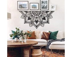 Mandala - Wanddecoratie - Zwart - Houten art - Muurdecoratie - Line art - Wall art - Bohemian - Wandborden - Woonkamer - 75x40cm