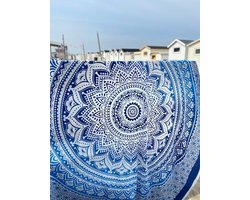 Mandaladoek blauw - 240 x 220 cm - XXL Ibiza laken- Lichtgewicht strandlaken -2-persoons katoenen badlaken - Boho bed & bank sprei - Festivalkleed - Familiestrandlaken - Schaduwdoek - Muur decoratie - Picknickkleed