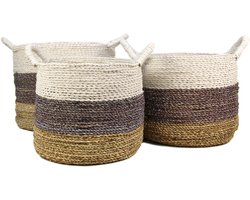 Mandenset Malibu - naturel/paars/wit - raffia/zeegras - set van 3