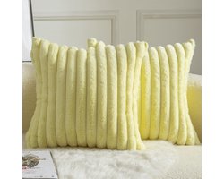Mandioo Set van 2 kussenhoezen, gestreept kunstbont, superzacht kussen, pluizige moderne kussenhoes, decoratieve bank, woonkamer, slaapkamer, kussenhoezen, 40 x 40 cm, geel