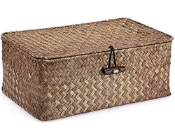 Mandje, zeegras, opbergen, vierkant, voor op tafel, geweven, met deksel, voor de badkamer, organizer, voor op de plank of het bureau, decoratief, multifunctioneel (koffie, S)