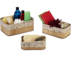 mandjes badkamer - set van 3 - bamboe - stof - 3 groottes - met print