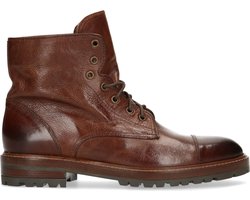 Manfield - Heren - Cognac leren veterboots - Maat 45