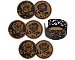 Mango Steam Set van 6 decoratieve onderzetters voor drankjes en kopjes met metalen houder, zwart