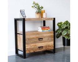 Mangohout - Nachtkastje - Bijzettafel - kastje 2 lades Industrieel Design 80 cm - Mangohout en Staal - Tv-meubel - - Stalen Poten