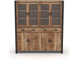 Mangohouten Buffetkast Britt 190 cm Mahom Industrieel - Vitrinekast van Mangohout & Metaal - Industriële Buffetkast