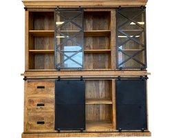 Mangohouten Buffetkast Denver 220×220 cm X Mahom Industrieel - Vitrinekast van Mangohout & Metaal - Industriële Buffetkast