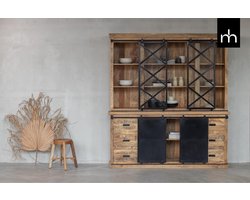 Mangohouten Buffetkast Denver 240×220 cm X Mahom Industrieel - Vitrinekast van Mangohout & Metaal - Industriële Buffetkast