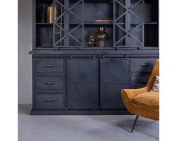Mangohouten Buffetkast Denver Black 220 cm X Mahom Industrieel - Vitrinekast van Mangohout & Metaal - Industriële Buffetkast