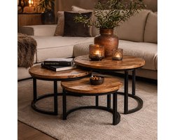 Mangohouten Salontafel Set van 3 – Industrieel & Modern – Inschuifbaar – Massief Hout & Metaal – Rond – Woonkamer