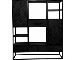 Mangohouten Vakkenkast Toronto Black 120 cm Mahom Industrieel - Vitrinekast van Mangohout & Metaal - Industriële Buffetkast
